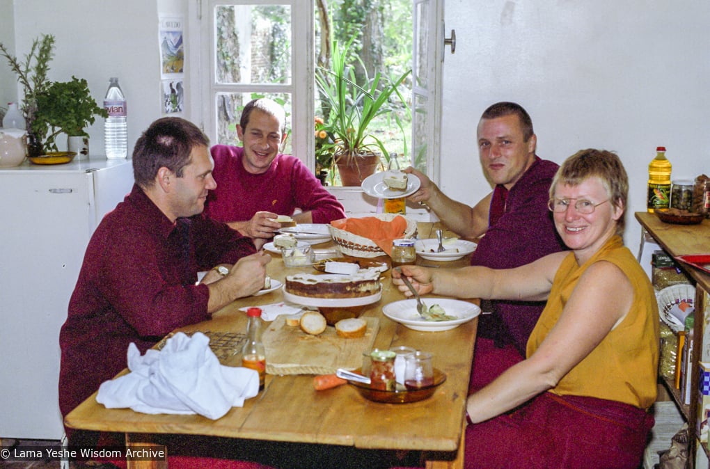 (22169_ng-3.tif) Jimi Neal, Adrian Feldmann (Thubten Gyatso), Hermes Brandt, Carol Davies, Nalanda Monastery, Lavaur, France, 1981.