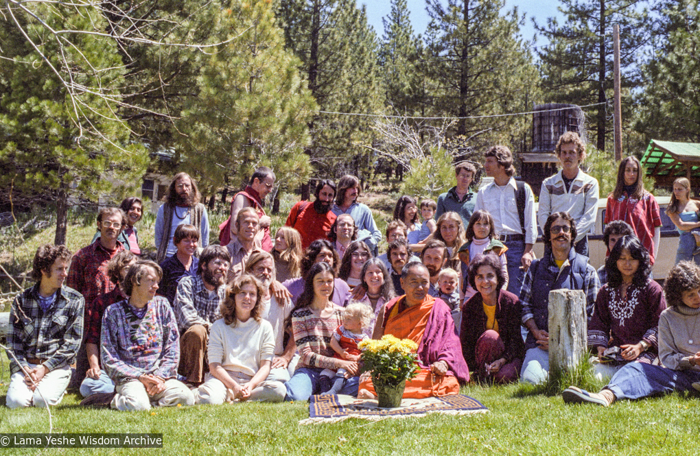 (22491_ng-3.tif) Lama Yeshe with retreat group at Grizzly Lodge, CA, 1980.