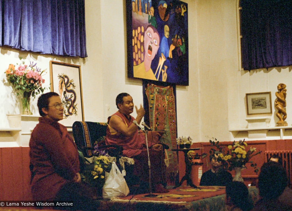 (22606_ng-3.tif) Lama Yeshe and Robina Courtin at what was previously called the “Cambodian Embassy,” London, 1981.