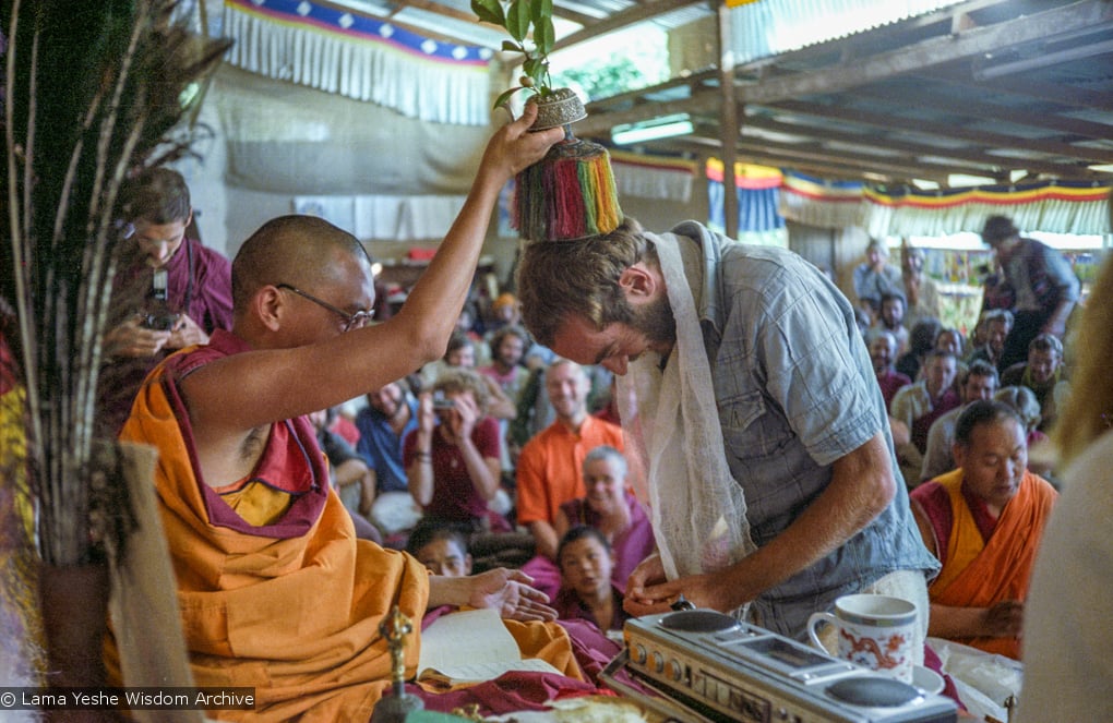 (22821_ng.tif) Lama Zopa Rinpoche and Lama Yeshe performing a wedding at Kopan Monastery, Nepal, 1979. Ina Van Delden (photographer)