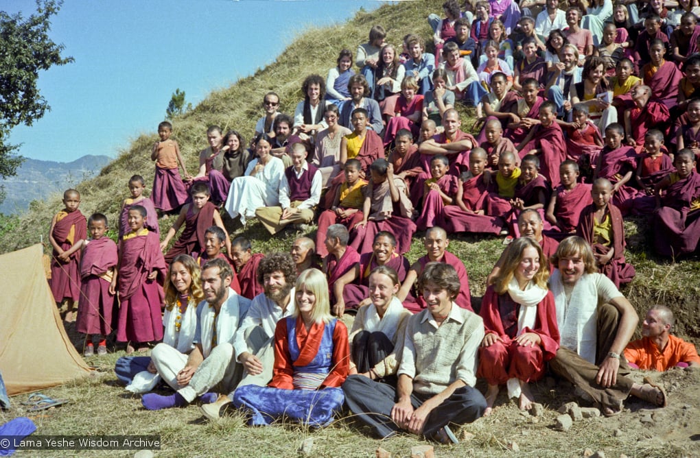 (22839_ng.jpg) 12th Meditation Course at Kopan Monastery, Nepal, group photo, 1979. Four couples, shown here, were married after the course. Ina Van Delden (photographer)