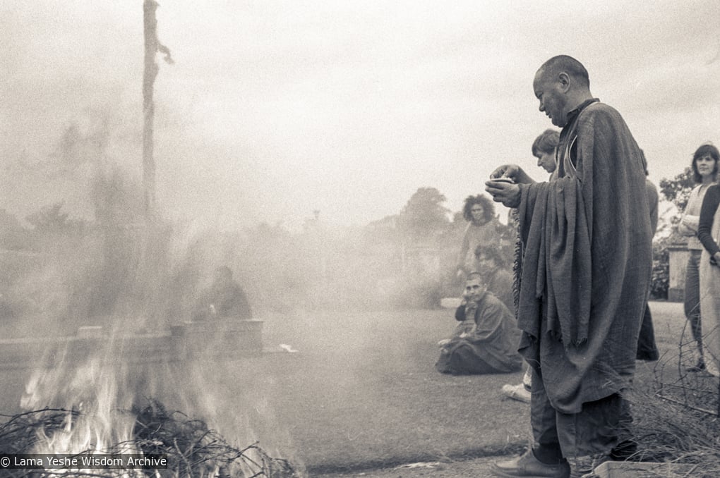 (23550_ng-3.tif) Lama Yeshe, Fire puja, Manjushri Institute, England, 1980. Ina Van Delden (photographer)