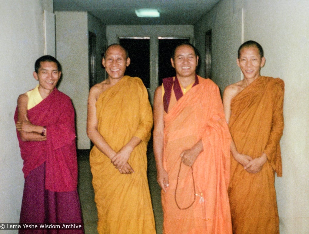 (24791_ng-3.TIF) Lama Zopa Rinpoche, Geshe Tengye, Lama Yeshe, unknown monk, Bangkok, 1975. Nick Ribush (donor)