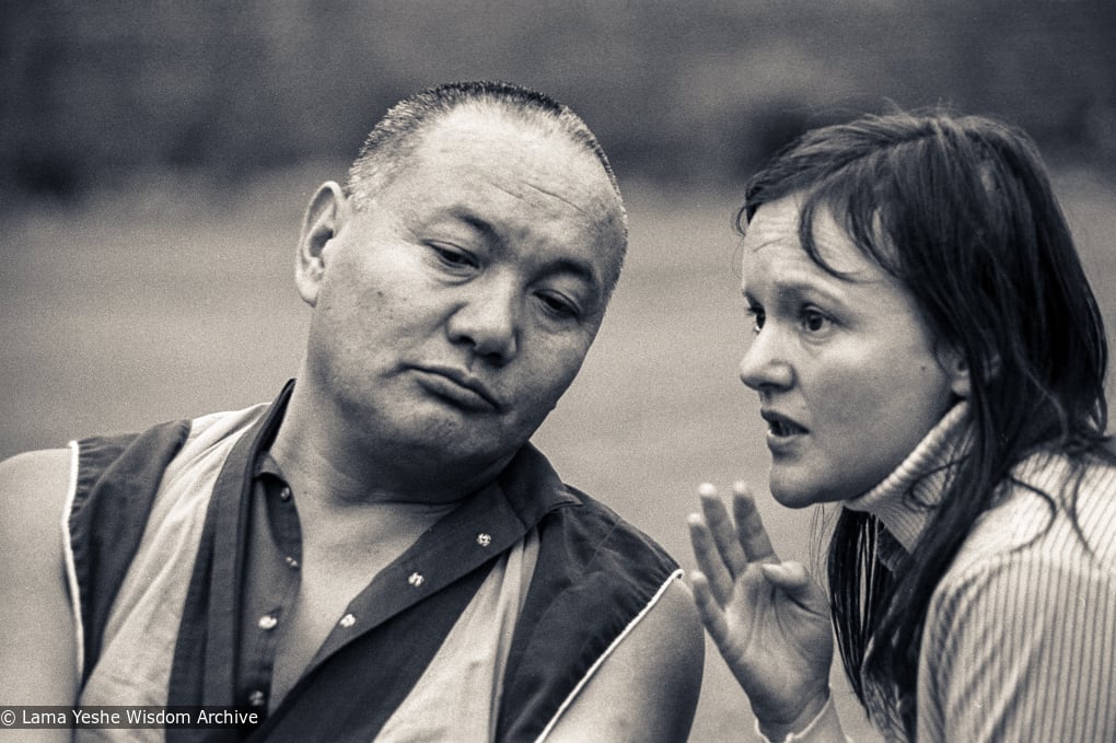 (24967_ng-3.TIF) Lama Yeshe with Vicki Mackenzie, Manjushri Institute, England, 1979.  Robin Bath (photographer)