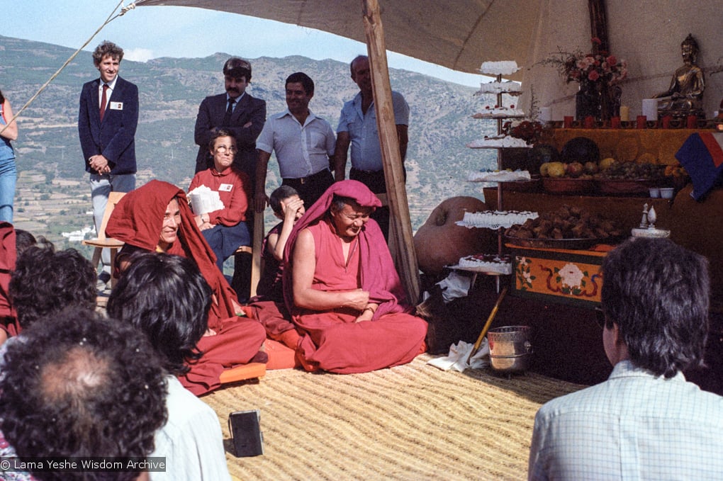 (25102_ng.TIF) Lama Yeshe and Geshe Losang Tsultrim at O Sel Ling. In September of 1982, H.H. Dalai Lama visited this retreat center that the lamas had just set up in Bubion, a small town near the Alpujarra mountains near Granada, Spain. At the end of His Holiness teaching he named the center O Sel Ling. Photo by Pablo Giralt de Arquer.