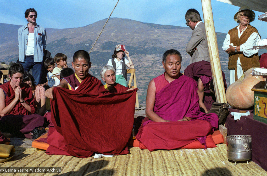 (25315_ng.TIF) Lama Yeshe and Geshe Losang Tsultrim at O Sel Ling. In September of 1982, H.H. Dalai Lama visited this retreat center that the lamas had just set up in Bubion, a small town near the Alpujarra mountains near Granada, Spain. At the end of His Holiness teaching he named the center O Sel Ling. Photo by Pablo Giralt de Arquer.