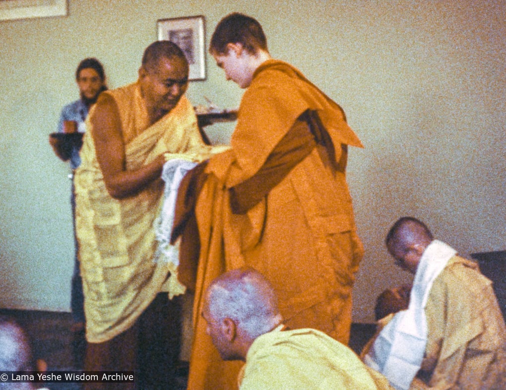 (26029_pr-3.psd) Lama Yeshe and Connie Miller, ordination, UCSC (University of Calif. at Santa Cruz), 1978. Vicki Brown is in the lower right corner. Connie Miller (donor)