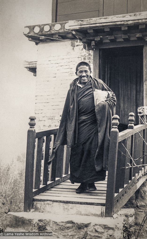 (27368_pr-1.psd) Geshe Jampa Gyatso leaving Steve's Tower, Kopan Monastery, 1977.