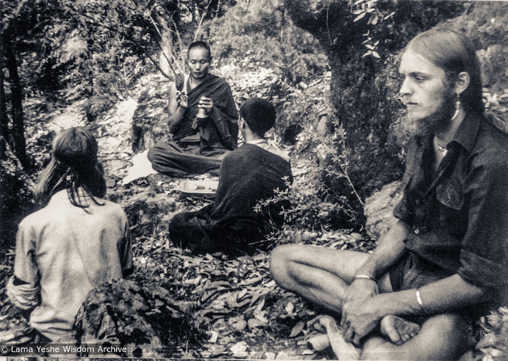 (33716_pr-3.tif) Lama Yeshe consecrating A-frame land at Tushita Retreat Centre, Dharamsala, India, 1973. Pete Northend is on the right.