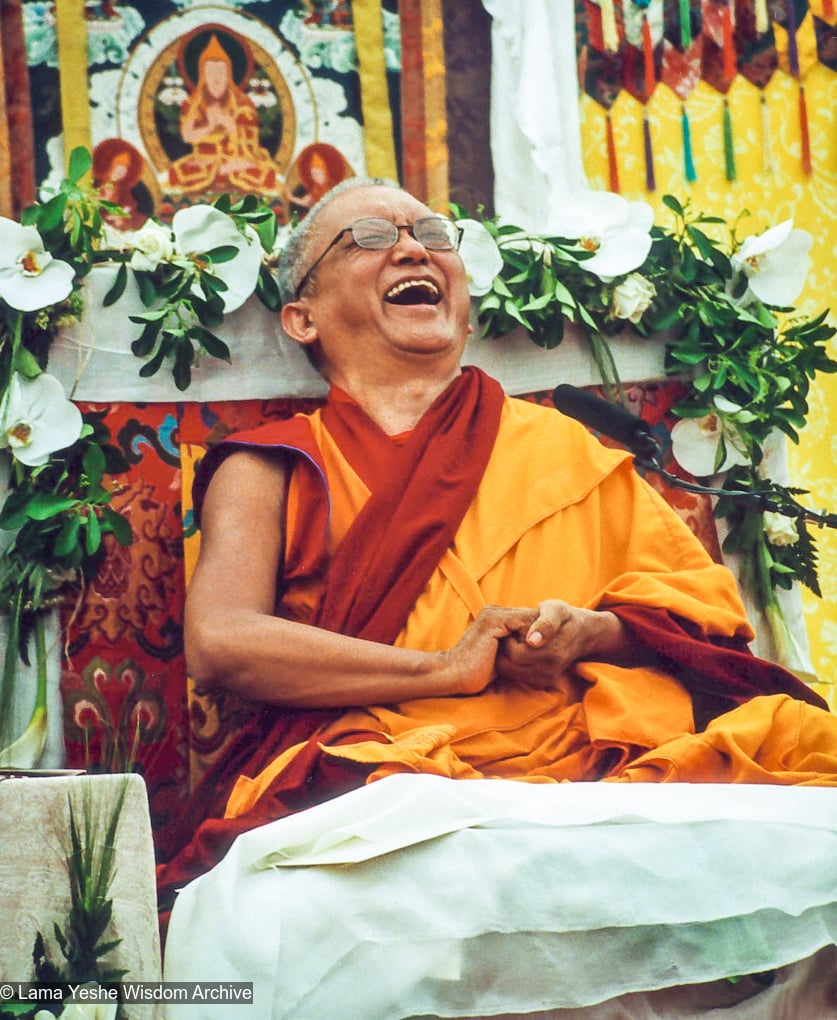 Lama Zopa Rinpoche teaching at the 4 Kadam deities retreat, Institut Vajra Yogini, France, 2003. Kunsang Thubten (Henri Lopez) (photographer)