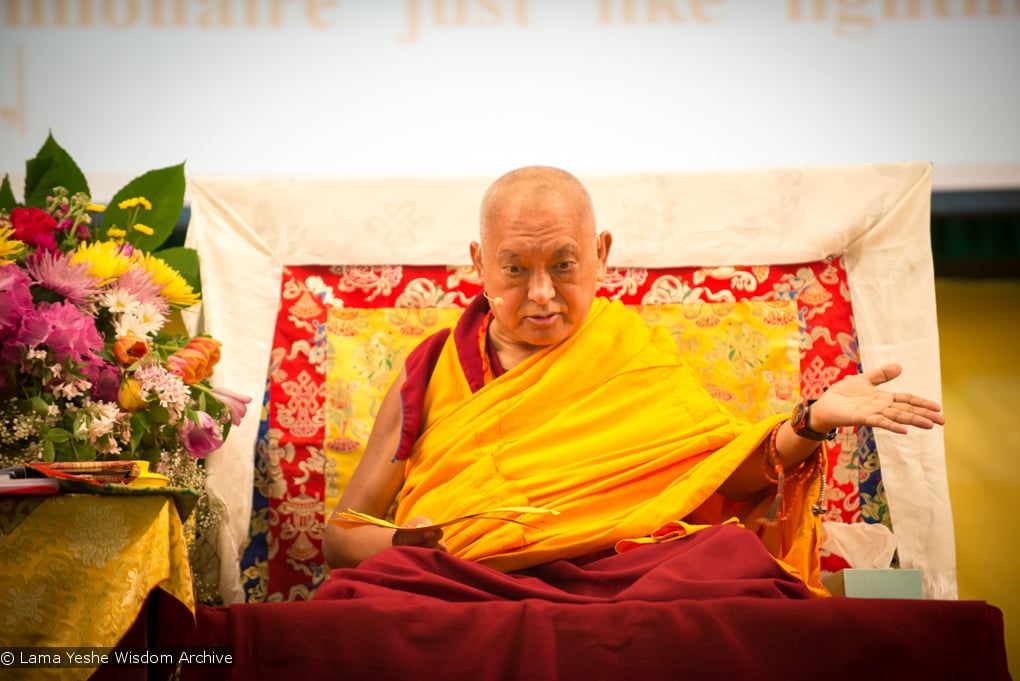 Lama Zopa Rinpoche at the Light of the Path retreat in North Carolina, Spring 2014. Photo by Roy Harvey.