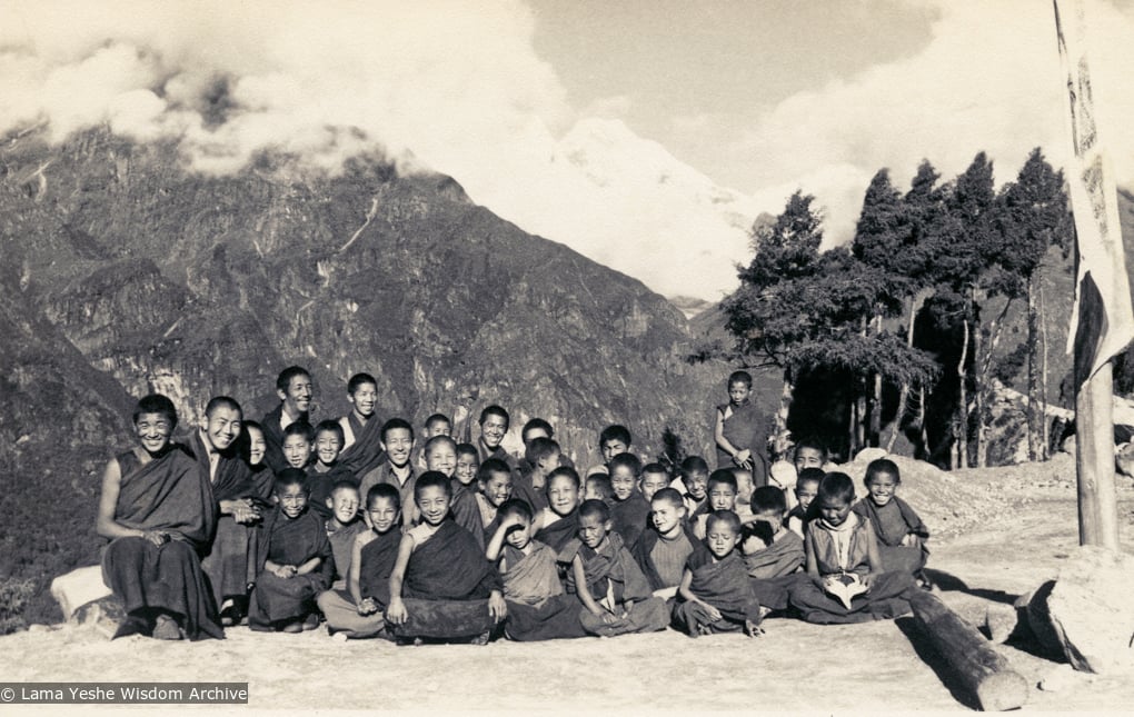 Mount Everest Center students at Lawudo Retreat Center, Nepal, 1973. Lama Yeshe sent photos of the MEC students all around the world and also took photos with him on tour in an attempt to raise funds for them. "Mummy" Max Mathews had a photo taken of each of them and had a group photo made into a poster. Photo by Nick Ribush.