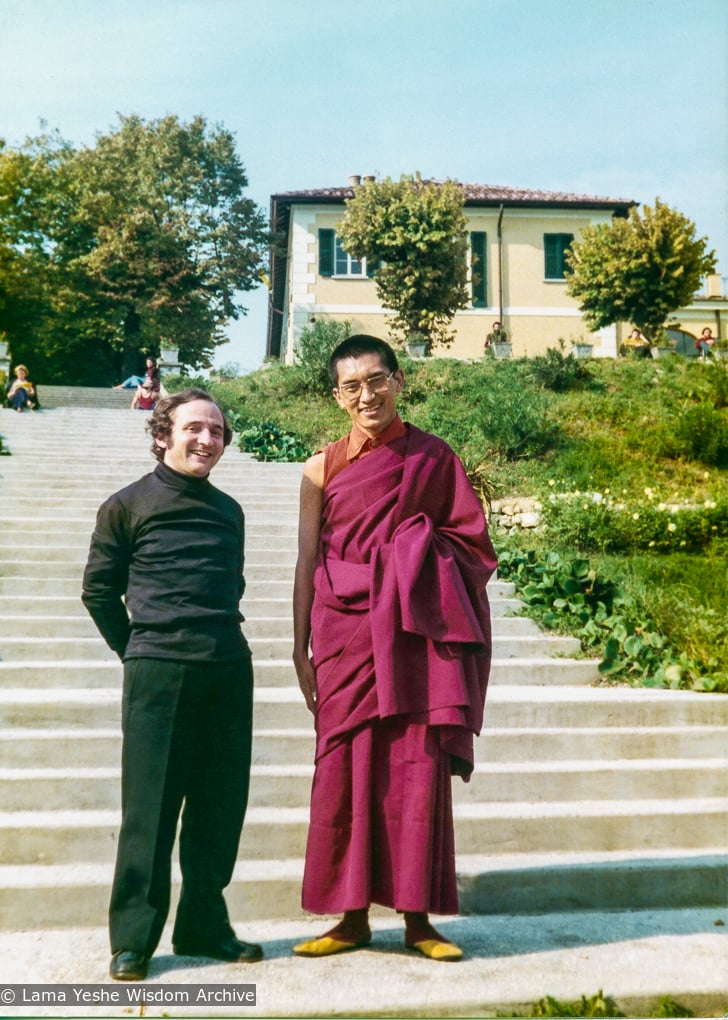 (35722_pr-3.psd) Lama Zopa Rinpoche with priest (possibly Padre Yentli), Eupilio, Italy, 1975. Courtesy Collection of Istituto Lama Tzong Khapa.