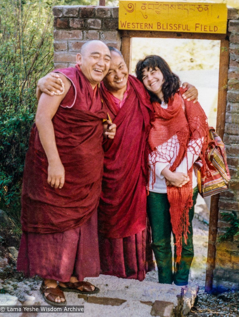 (35723_pr-3.psd) Lama Yeshe with Geshe Wangdu and Susanna Parodi, Tushita 1983. ILTK Collection (donor)