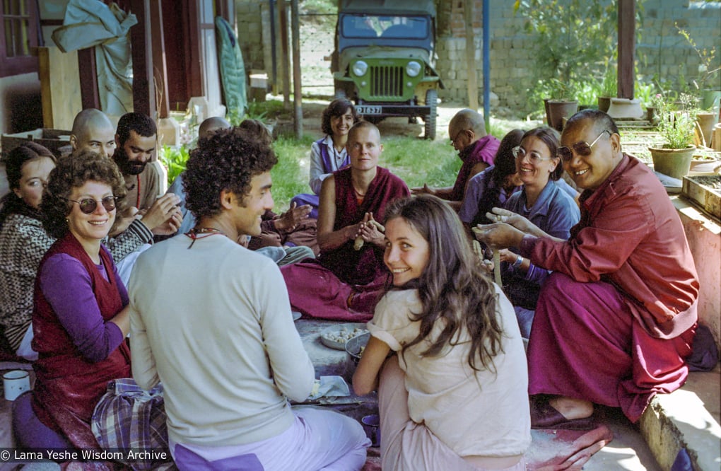 (38344_ng.-3.jpg) Lama Yeshe making chulen pills with students, Tushita Retreat Centre, Dharamsala, India, 1982.