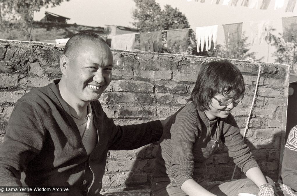 (39324_ng-3.tif) Lama Yeshe with Jampa Trinley's daughter, Tsen-la Tuladhar, Kopan Monastery, 1978.