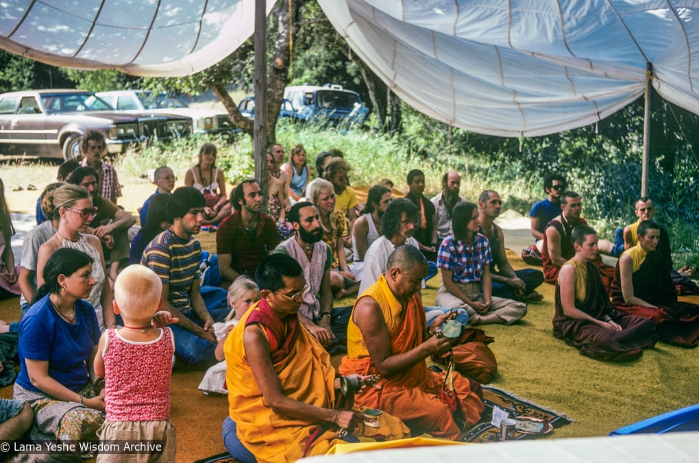 (39388_sl-3.psd) Lama Zopa Rinpoche and Lama Yeshe doing puja at the teachings of Zong Rinpoche at Vajrapani Institute, California, 1978.