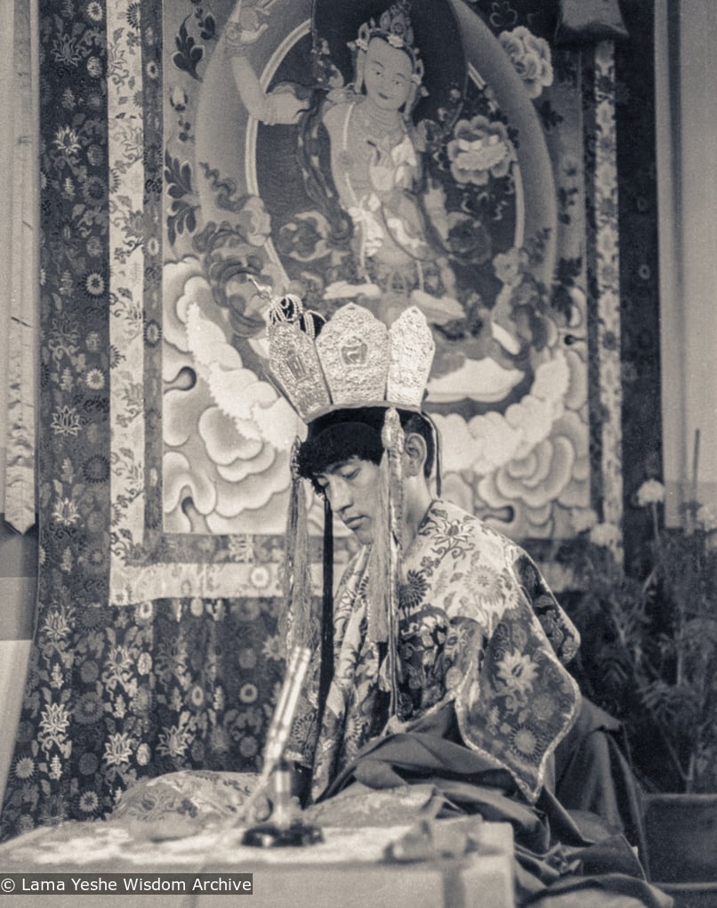 (39403_pr-3.psd) Lama Zopa Rinpoche in ceremonial dress for Heruka initiation, Manjushri Institute, England, 1978. Brian Beresford (photographer)