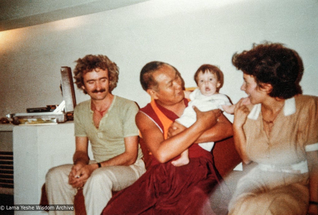 (39437_ng-3.tif) Paco and Maria Hita with Lama Yeshe holding their daughter Harmonie (Armonia) at 7 months old, Madrid, Sept., 1980.