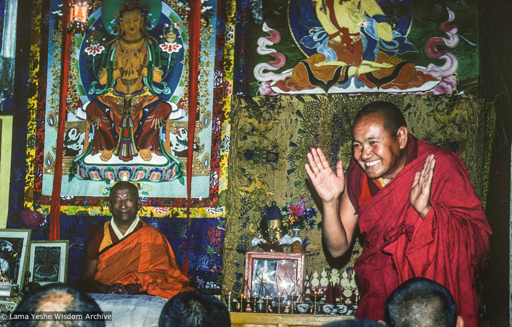 (39463_sl-3.tif) Lama Yeshe with Geshe Rabten, Powa teachings, Tushita Retreat Centre, Dharamsala, India, 1980.