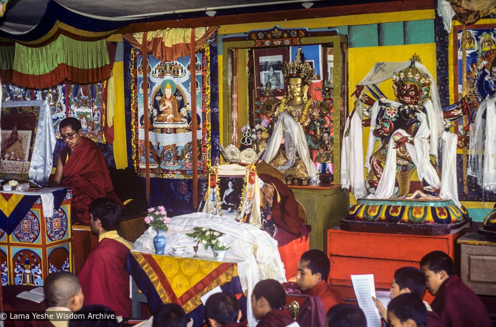 (39595_sl-3.jpg) Lama Zopa Rinpoche doing puja at Kopan Monastery, Nepal, 1984.