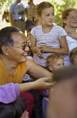 Lama Yeshe at a family gathering at Vajrapani Institute, CA, 1983. Photo: Carol Royce-Wilder.