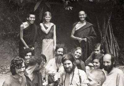 Lama Zopa Rinpoche and Lama Yeshe with students (including Åge Delbanco seated in the rear), Kopan Monastery, Nepal, possibly 1971.