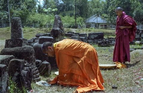 Lama Yeshe with Lama Zopa Rinpoche at Borobudur Temple, Java, Indonesia, 1979.