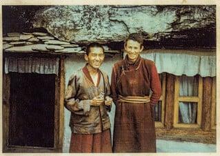 Lama Zopa Rinpoche with Ann McNeil (Anila Ann) at the cave of the Lawudo Lama, Lawudo Retreat Centre, Nepal, 1971.