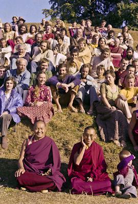 Click to view in our Image Gallery Lama Yeshe and Lama Zopa Rinpoche in a group photo from the 8th Meditation Course at Kopan Monastery, Nepal, 1975.
