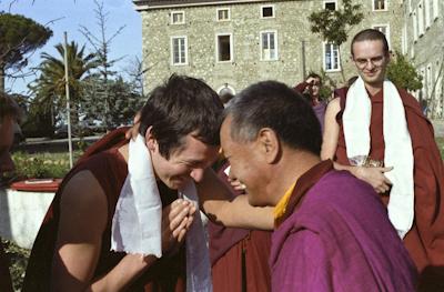  Lama with Ven Steve Carlier, ILTK, Italy, 1983; Ven Francesco Prevosti (r). Photo: Merry Colony.