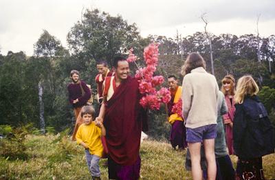 Lama Yeshe and Lama Zopa Rinpoche walk with students to Chenrezig Institute land, September 28, 1974, Eudlo, Australia.  