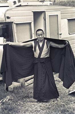 Click to view in our Image Gallery Lama Yeshe adjusts his robe during the month-long course at Chenrezig Institute, Australia, 1975.