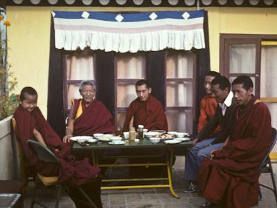 Yangsi Rinpoche, Geshe Legden and Lama Zopa Rinpoche, with Lama Lhundrup at the right, on the rooftop terrace, Kopan Monastery, Nepal, 1976. 