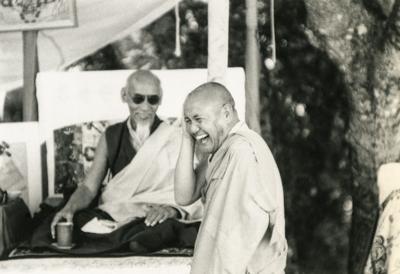 Lama Yeshe and His Holiness Zong Rinpoche at Vajrapani Institute, California, 1978. Photo from the collection of Francesco Prevosti. Photographer unknown.