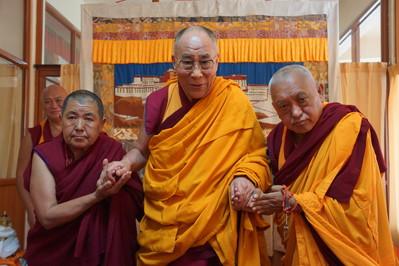 From the FPMT image collection His Holiness the Dalai Lama with Lama Zopa Rinpoche and Ani Ngawang Samten, Sera Monastery, India, January 2014. Photo courtesy OHHDL.
