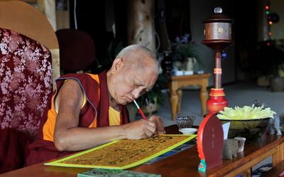 From the FPMT image collection Lama Zopa Rinpoche writing a mantra for display, Buddha Amitabha Pure Land, USA, September 2016. Photo: Lobsang Sherab.