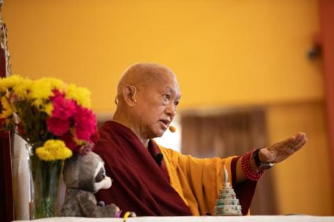 Lama Zopa Rinpoche teaching at Kopan Monastery, Nepal, December 2019. Photo: Neil Patrick.