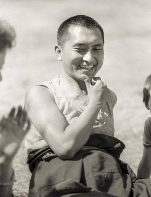 Click to view in our Image Gallery Lama Zopa Rinpoche relaxing at Waterlow Park, Highgate, London, 1983. Photo: Robin Bath.