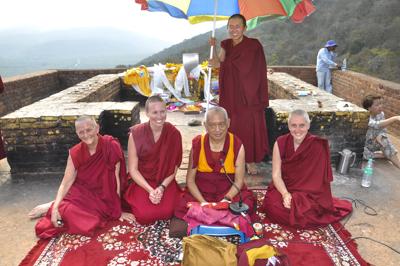 Lama Zopa Rinpoche with Sangha at Vulture's Peak, Rajgir, 12 March 2014. Photo: Thubten Jangchub.