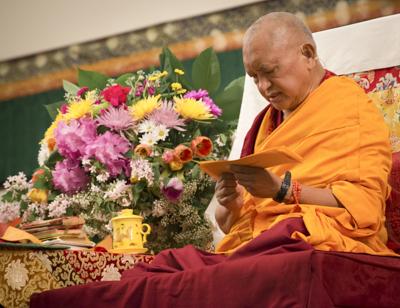 Lama Zopa Rinpoche at the 2014 Light of the Path retreat in North Carolina. Photo by Roy Harvey.