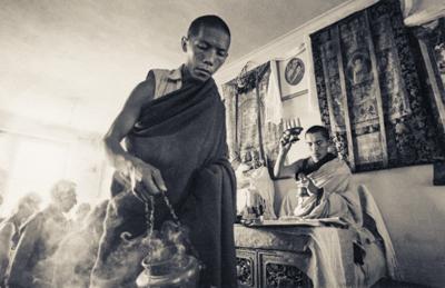 Lama Lhundrup assisting during Lama Zopa Rinpoche's initiation, Kopan Monastery, Nepal, 1973.