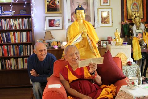 Lama Zopa Rinpoche and Nick Ribush, LYWA gompa & library, Lincoln, MA October 2012.