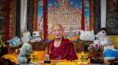 Lama Zopa Rinpoche teaching from his room at Kopan Monastery, Nepal, April 2020.