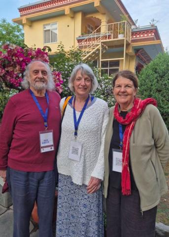 Nicholas Ribush, Jen Barlow and Sandra Smith at CPMT meeting, Kopan Monastery, Nepal, April 2025.