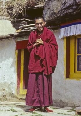 Lama Zopa Rinpoche in front of the Lawudo Lama's cave at Lawudo Retreat Centre, Nepal, 1978. Photo: Ueli Minder.