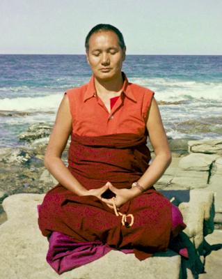Click to view in our Image Gallery Lama Yeshe meditating by the ocean at Maroochydore, Australia, 1974.