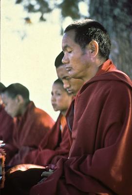 Click to view in our Image Gallery (15865_sl.tif) Lama Yeshe and Lama Zopa Rinpoche meditating with Mount Everest Center students, Kopan Monastery, Nepal, 1974.