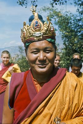 Lama Yeshe wearing a ceremonial crown of the five dhyani buddhas, Kopan Monastery, Nepal, 1976.