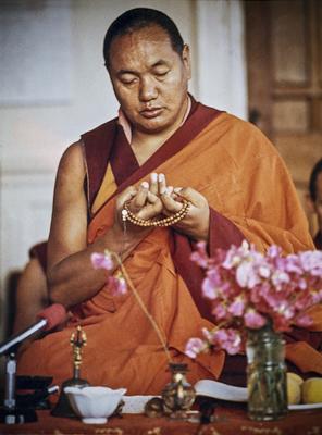 Lama Yeshe leading practice at Manjushri Institute, England, 1976.